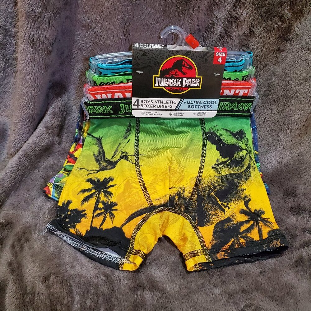 4 Pk Jurassic Park Underwear Boys Size 4 Boxer Briefs Dinosaurs T-Rex